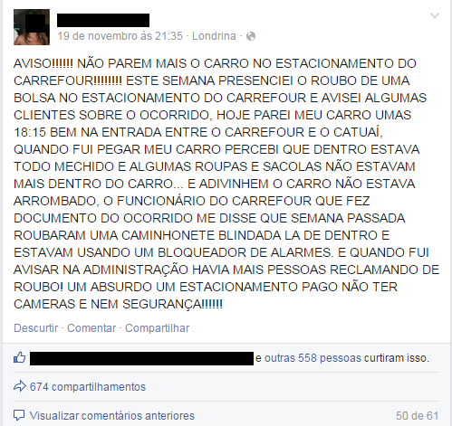 Foto: Reprodução - Primeiro depoimento da maquiadora na rede social sobre o ocorrido.