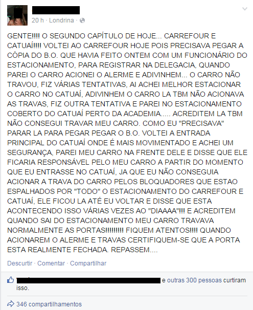 Foto: Reprodução - Segundo depoimento da maquiadora na rede social, com mais informações. Atualmente ela processa o estacionamento do Carrefour.