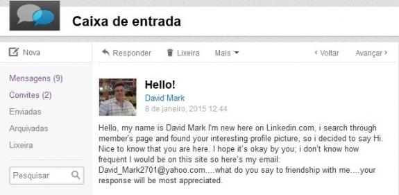 LinkedIn - Email que o assediador David Mark enviou para varias mulheres no LinkedIn.