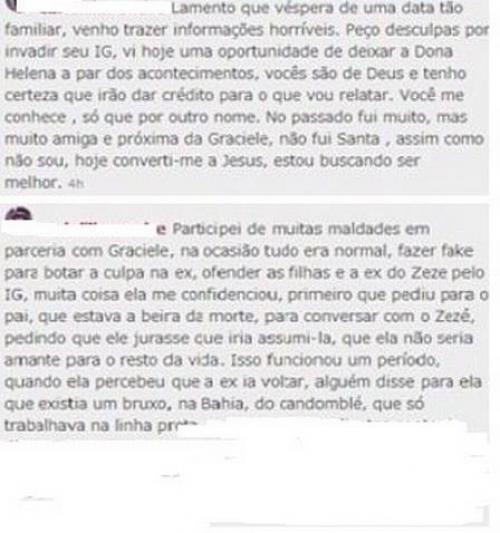 Reprodução - Trechos da mensagem postada pela suposta ex-amiga nos perfis de familiares de Zezé