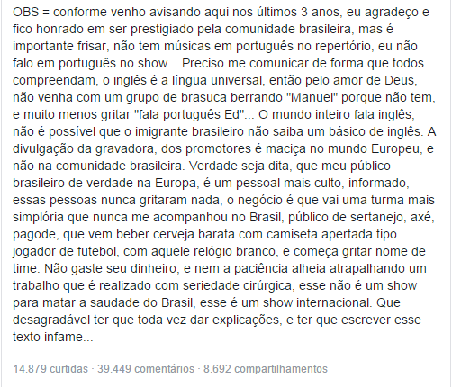 Reprodução/Facebook - Publicação do Cantor