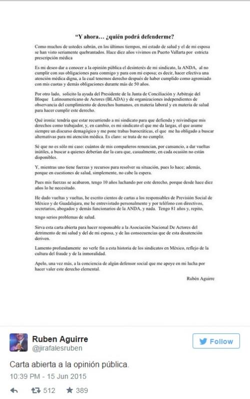 Reprodução/Twitter - Carta publicada por Rubén Aguirre