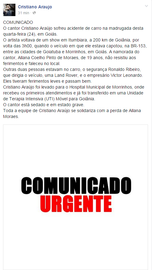 Reprodução/Facebook - Comunicado oficial foi divulgado no Facebook de Cristiano Araújo por volta das 8h