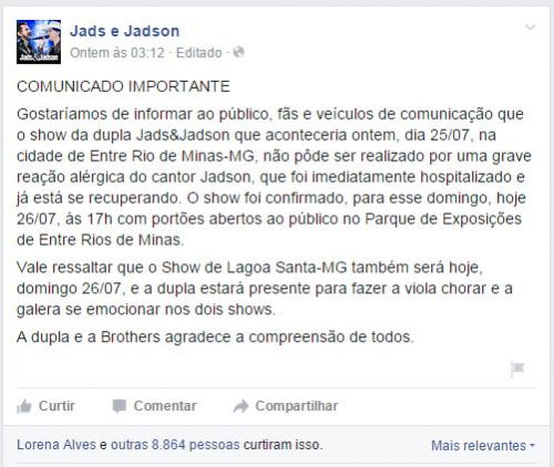 Reprodução/Facebook - Publicação feita na página da dupla no Facebook